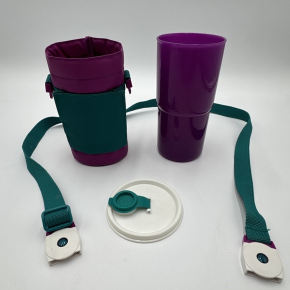 Vtg Tupperware #2414B-4 Thirst Quake 30oz Purple Drink Tumbler Lid Bag Holder - Picture 13 of 14